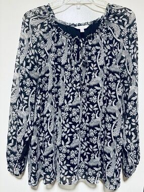 Black and White Floral/Birds Peasant Top LC Lauren Conrad Size XL Long Sleeve